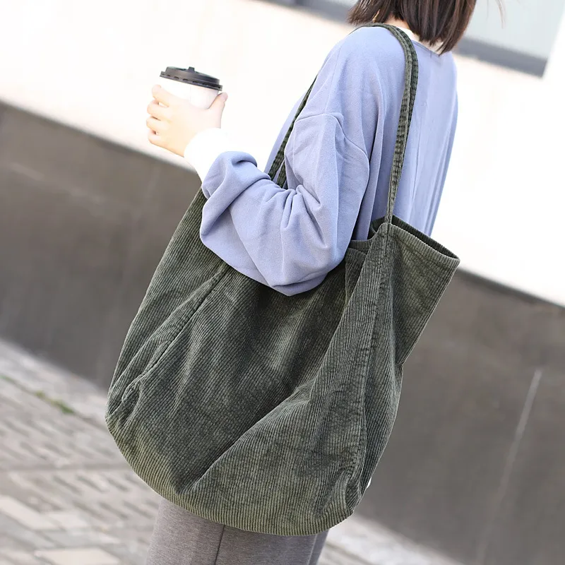 Large Capacity Shopping Bag Fashion Corduroy Canvas Handbag - Green