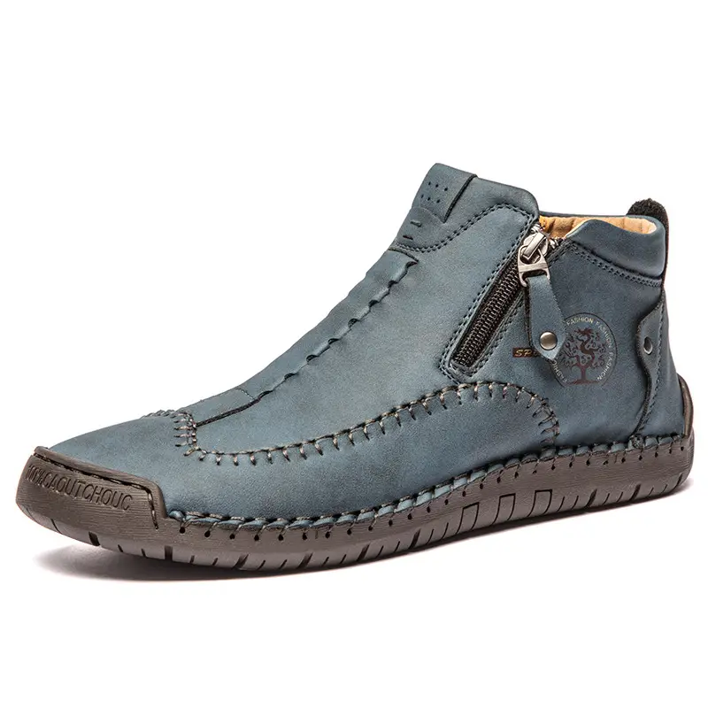 Men's casual leather shoes Zhongbang outdoor large size shoes handmade stitching travel style zipper style men's shoes sportsmen outdoor