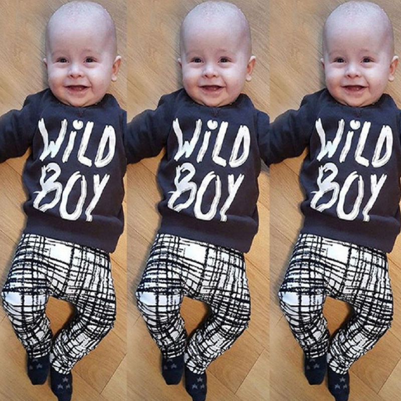 Two Piece Cotton Letter WILDBOY Checkered Trousers For Infants