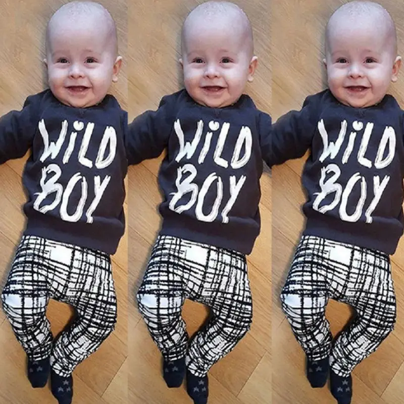 Two Piece Cotton Letter WILDBOY Checkered Trousers For Infants