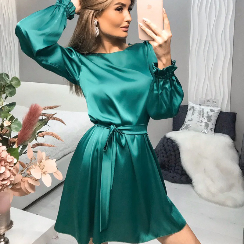 Title 4, Satin Small Lantern Sleeve Dress With Solid Col...