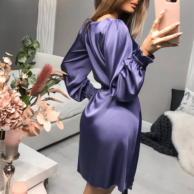 Title 2, Satin Small Lantern Sleeve Dress With Solid Col...