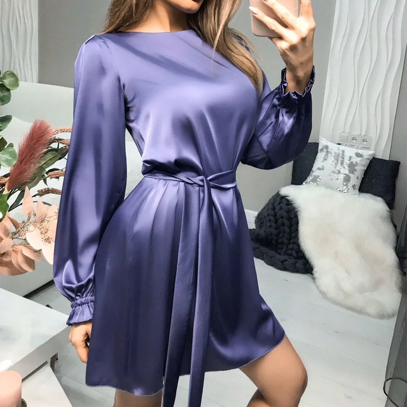 Title 3, Satin Small Lantern Sleeve Dress With Solid Col...