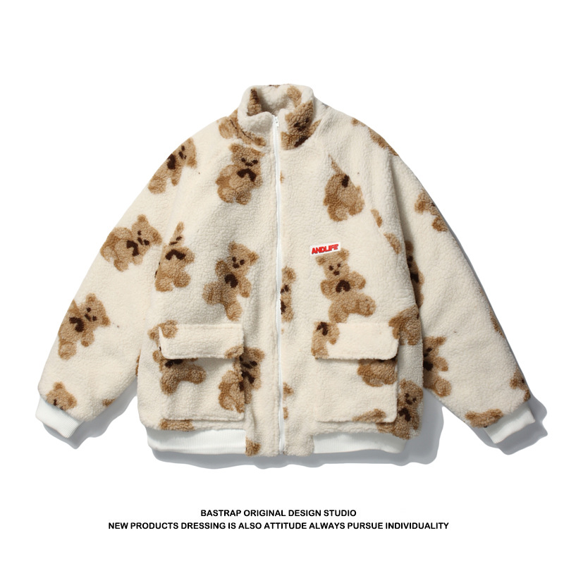 Bear Full Print Lamb Velvet Thick Ins Couple Jacket