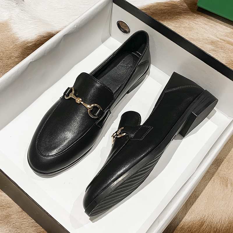 Small Black Leather Shoes Women's Leather Women's Shoes All Match Flat Shoes Wom - Picture 5 of 5