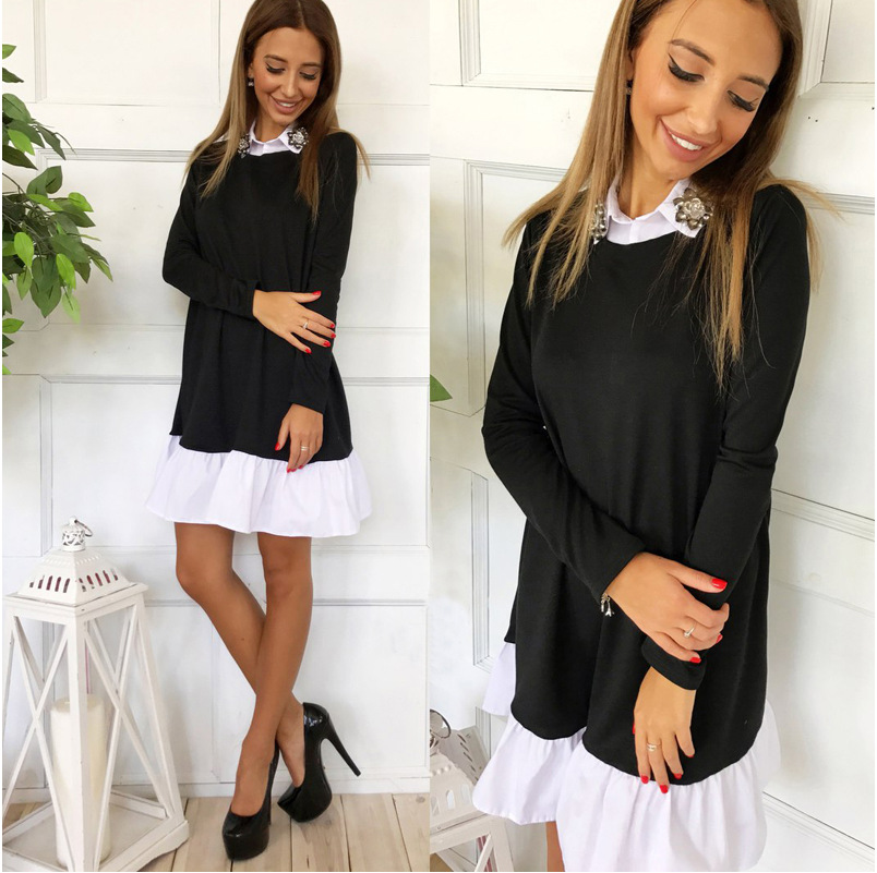 Fake Two-piece Lapel Long-sleeved Ruffled Hem Skirt