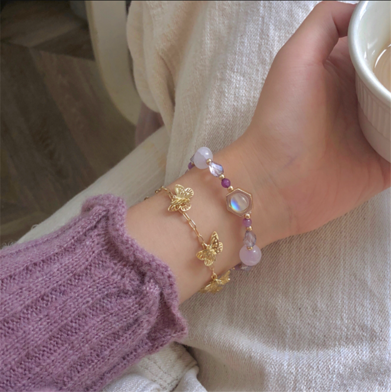 Niche Design Amethyst Moonstone Bracelet Beaded Metal Butterfly Chain Bracelet