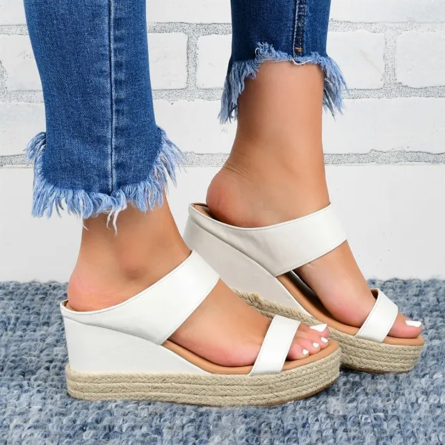 Wedge Heel Slippers Casual Sandals Hemp High Wedge Heel Shoes White - Shop at LoveMi