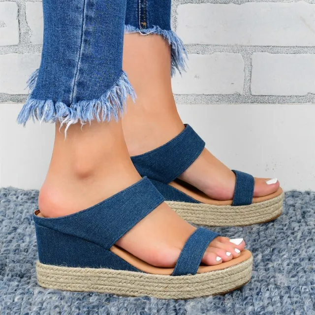 Wedge Heel Slippers Casual Sandals Hemp High Wedge Heel Shoes Blue - Shop at LoveMi
