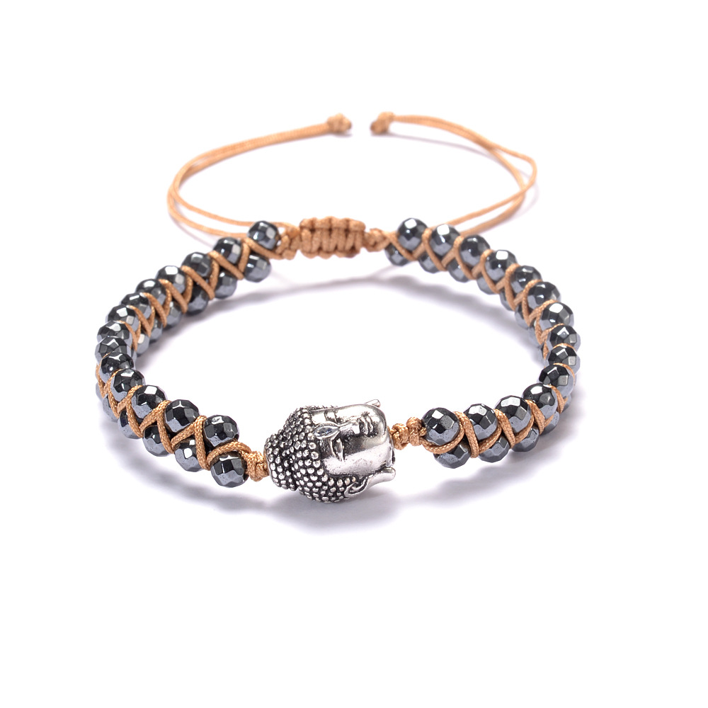 4mm Faceted Black Gallstone Double-Wound Braided Buddha Head Bracelet