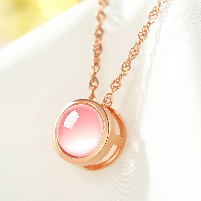 Rose Gold Hibiscus Stone Pink Crystal Round Pendant