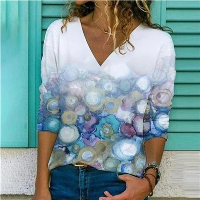 Printed Long-sleeved Loose Blue thin V-neck Bottoming Shirt