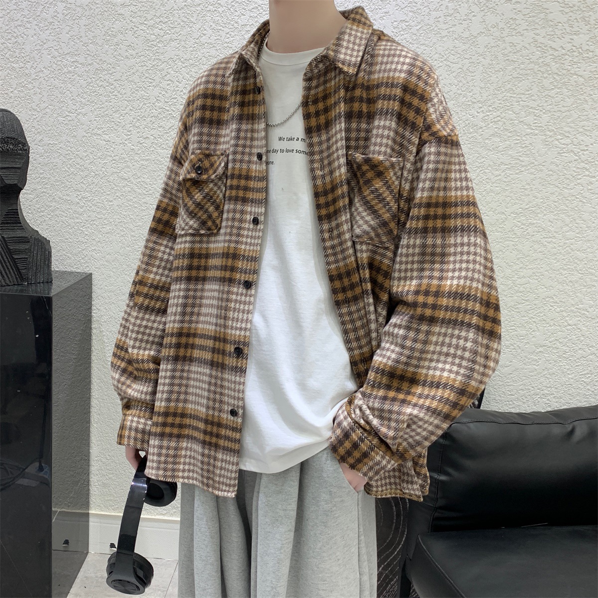 Winter jacket men's Korean style trendy woolen cloth Hong Kong style long plaid trench coat autumn and winter men's woolen coat