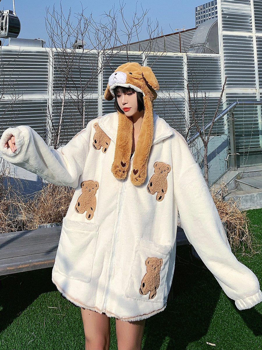 Loose Bear Patch Patchwork Parka Jacket