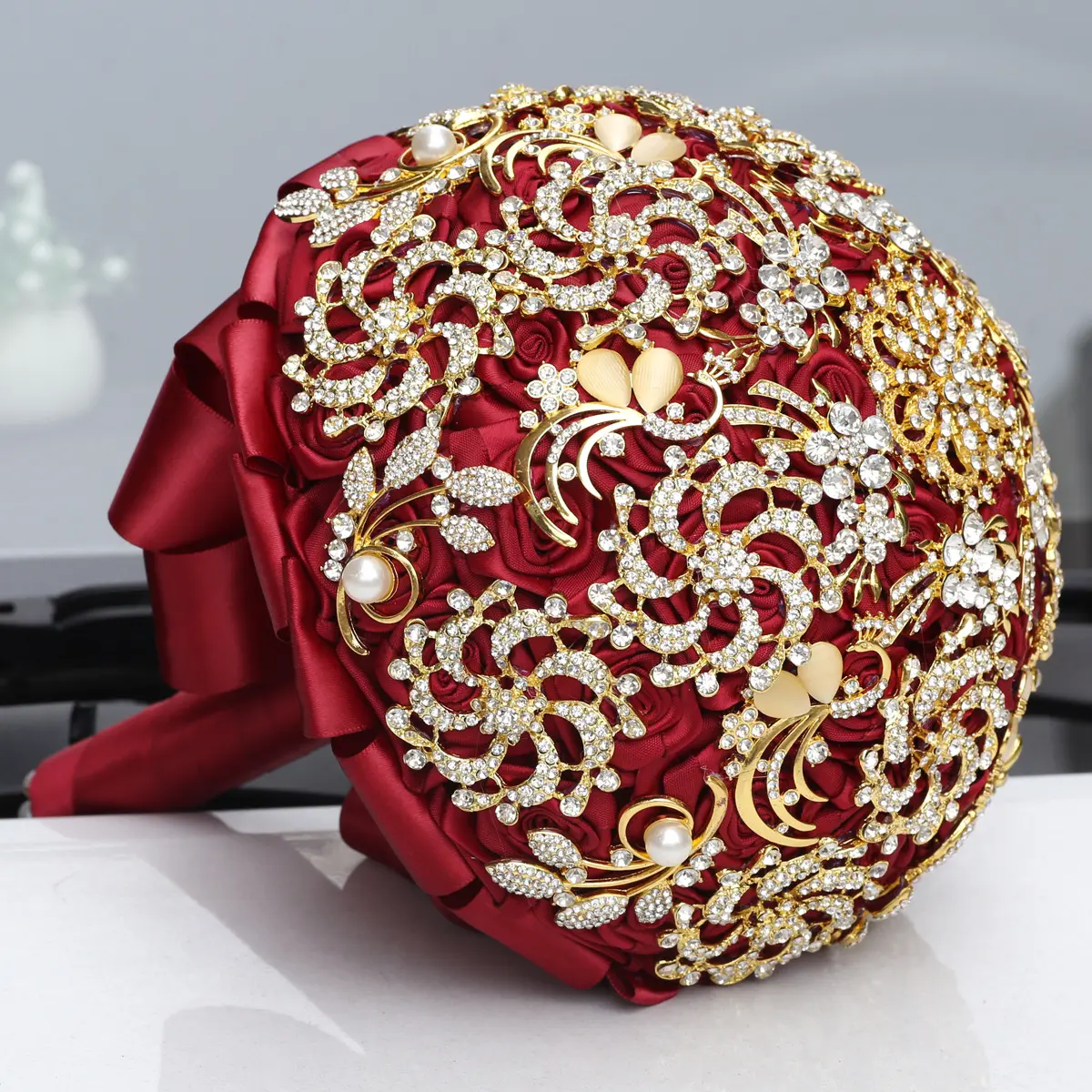 Golden Full Diamond Bridal Bouquet, Rhinestones, European