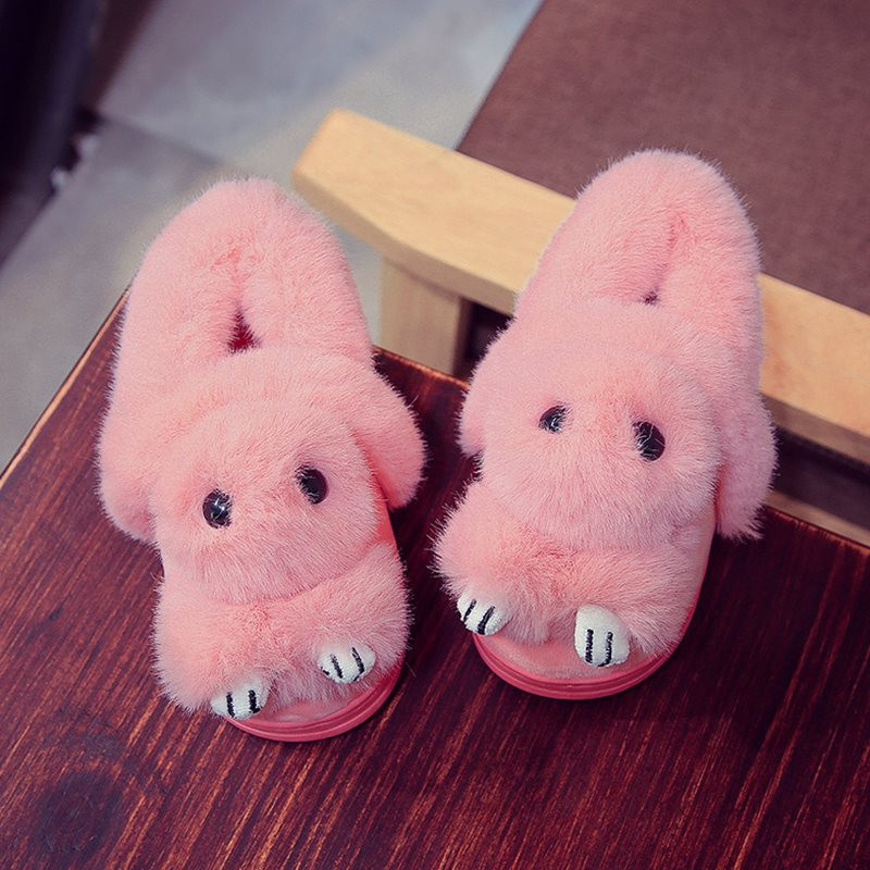 Kids Winter Slippers Cute Rex Rabbit Fur Girls Home Shoes 
