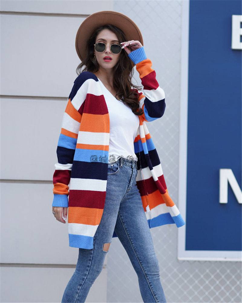 Contrast Striped Sweater Women's Long-sleeved Jacket Cardigan