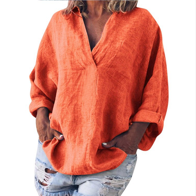 Women's Plus Size Solid Color Cotton And Linen V Neck Long Sleeved Pullover Top