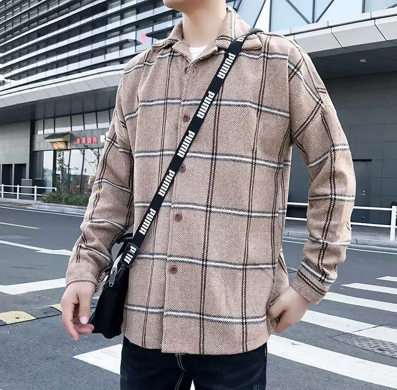 Fashion All-Match Retro Male Woolen Plaid Trench Coat