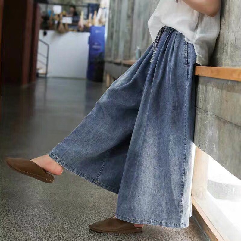 High Waist Drawstring Loose Large Size Casual All Match Nine Point Denim Wide Leg Pants