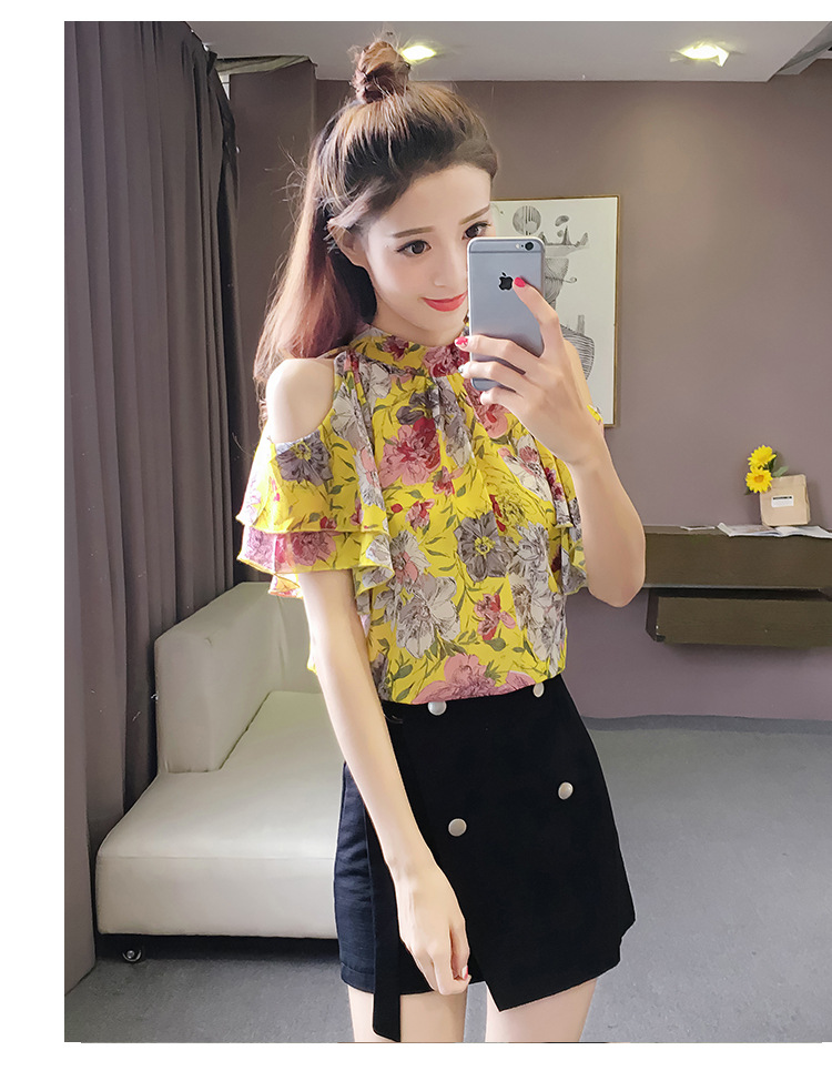 Loose And Thin Off-Shoulder Fairy Temperament Floral Short-Sleeved Chiffon Shirt