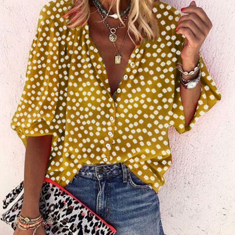 Spring and Autumn New European and American V-neck Floral Print Long Sleeve Ladies Shirt