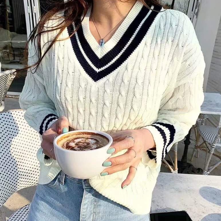 Title 2, V-Neck Contrast Color Casual Twist Knit Sweater...