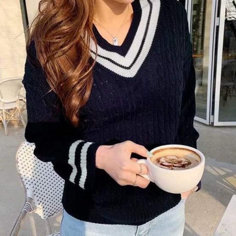 Title 4, V-Neck Contrast Color Casual Twist Knit Sweater...