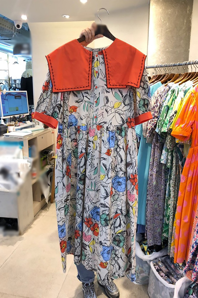 Korean Style Floral Doll Collar Dress Loose Long Skirt