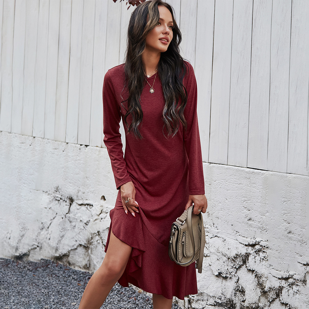 Pure Color High Waist Pleated Temperament Dress