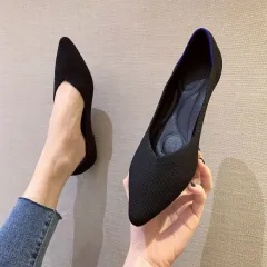 Women's Woven Pointed-toe Flat Knit Single Shoes - Black - View 1