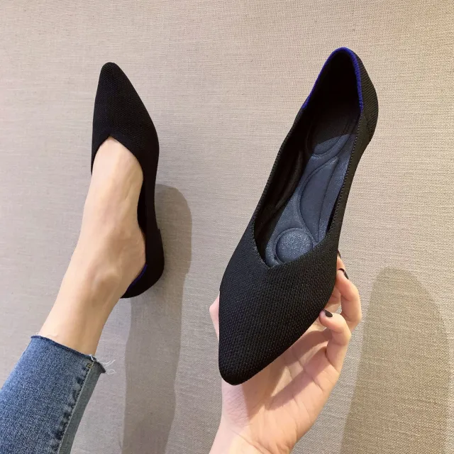 Women's Woven Pointed toe Flat Knit Single Shoes Black - Shop at LoveMi