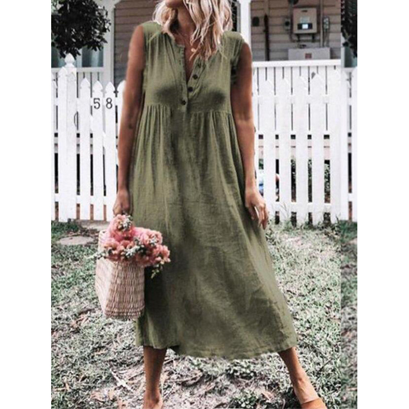  Pure Color Sleeveless Cotton And Linen Slim Dress With Big Swing Skirt