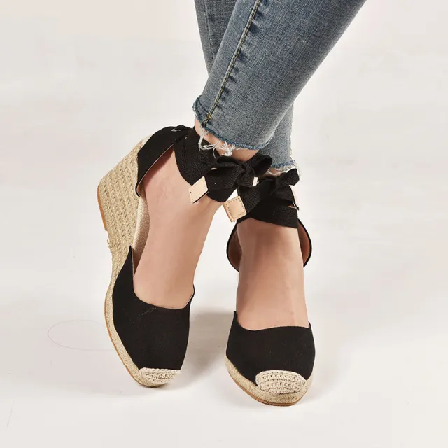 Foreign Trade Hemp Rope Slope With Light Soled Lace Up Ladies Sandals Black - Shop at LoveMi