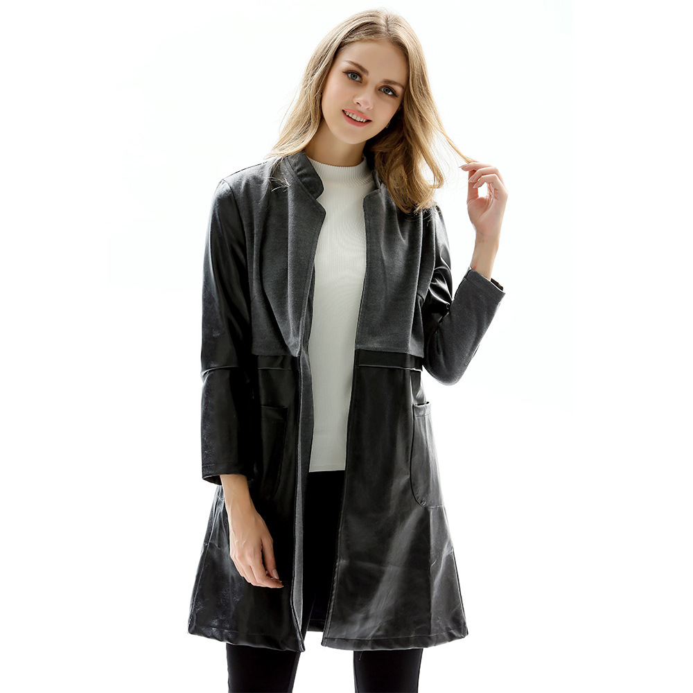 Long Stand Collar Slim Leather Women's Jacket