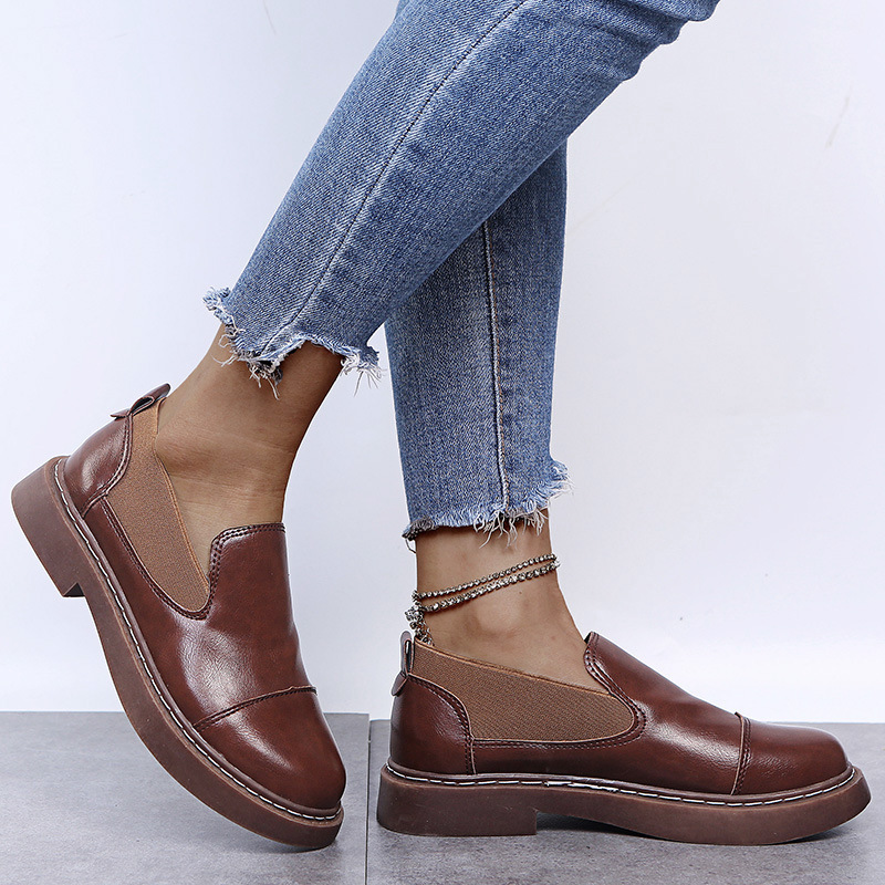Low-Cut Small Leather Shoes Round Toe Mid-Mouth Square Heel Low-Heel Elastic Single Shoes