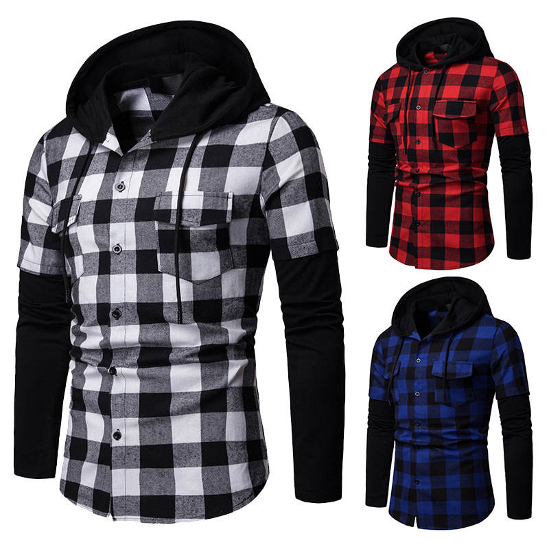 Title 6, Plaid Cuff Stitching Double Pocket Hooded Long-...