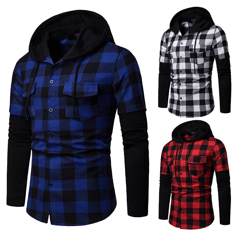 Title 3, Plaid Cuff Stitching Double Pocket Hooded Long-...