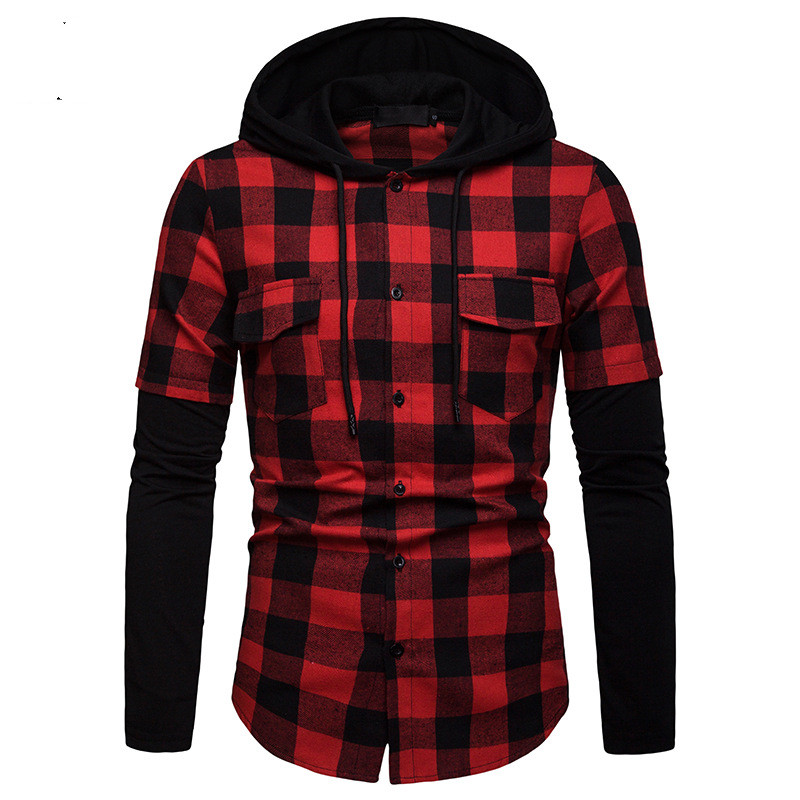 Title 4, Plaid Cuff Stitching Double Pocket Hooded Long-...