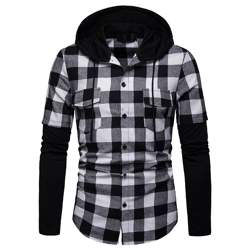 Title 5, Plaid Cuff Stitching Double Pocket Hooded Long-...