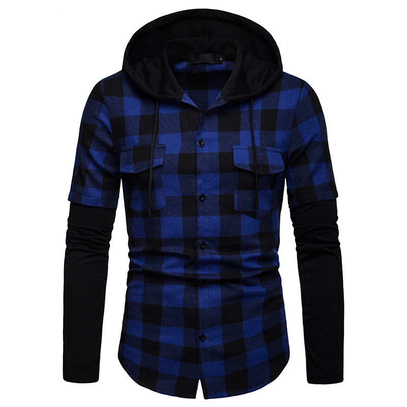 Plaid Cuff Stitching Double Pocket Hooded Long-Sleeved Shirt