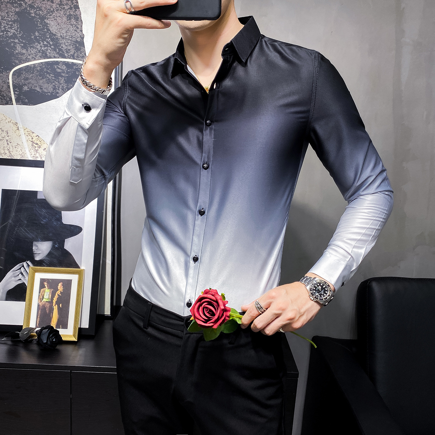 Male Youth British Style Gradient Long-Sleeved Shirt Trend
