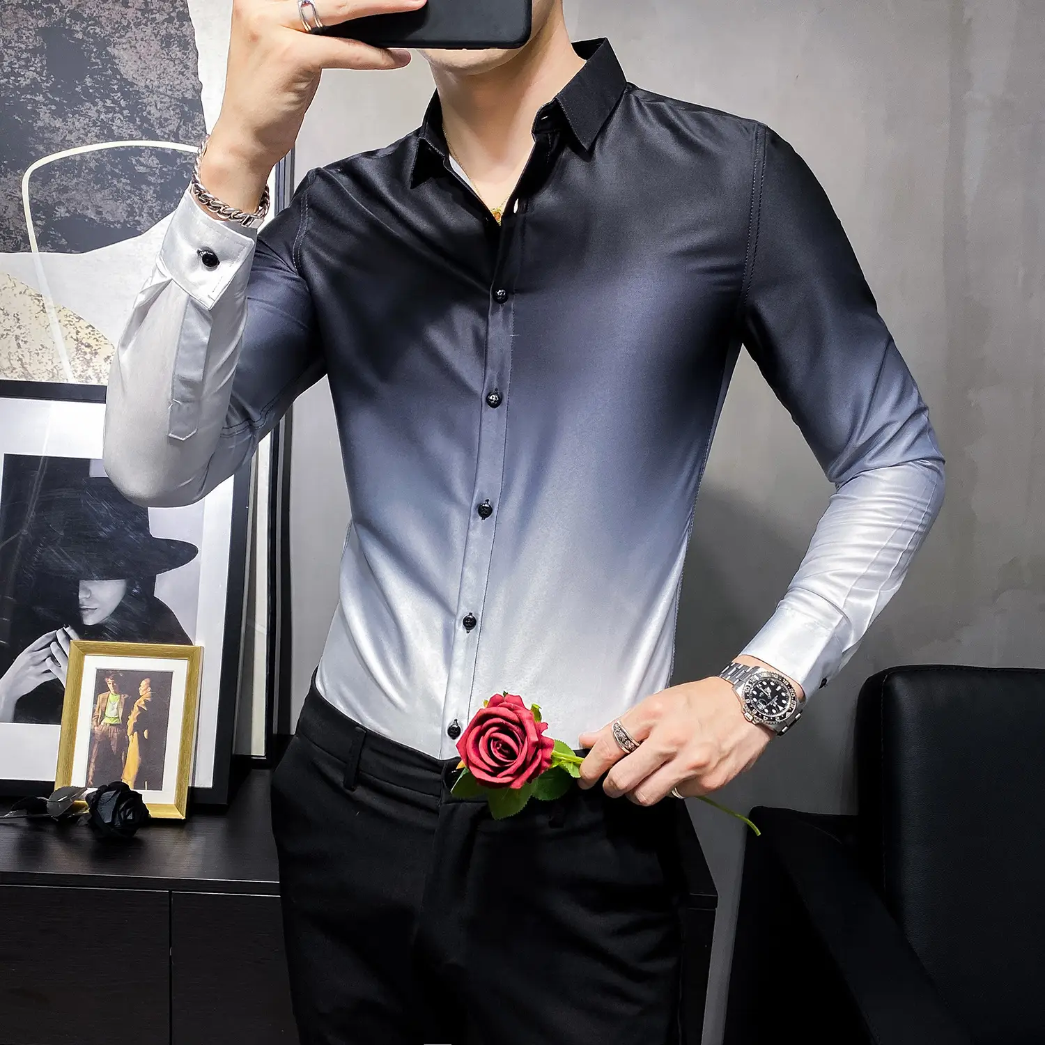 Male Youth British Style Gradient Long-Sleeved Shirt Trend