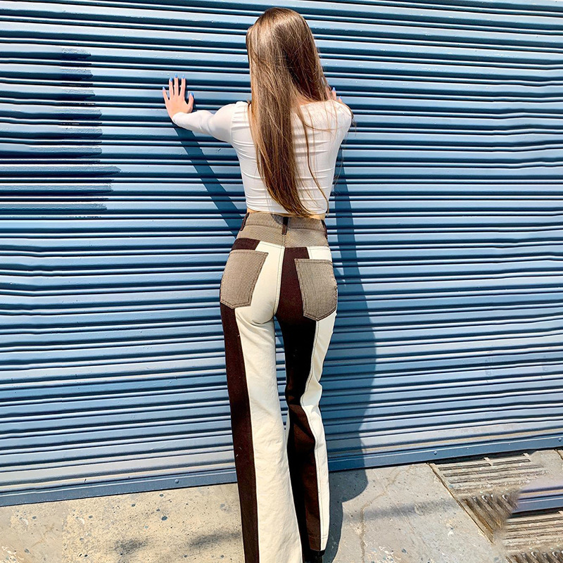 La-shaped Personality Stitching Jeans Slim Trousers