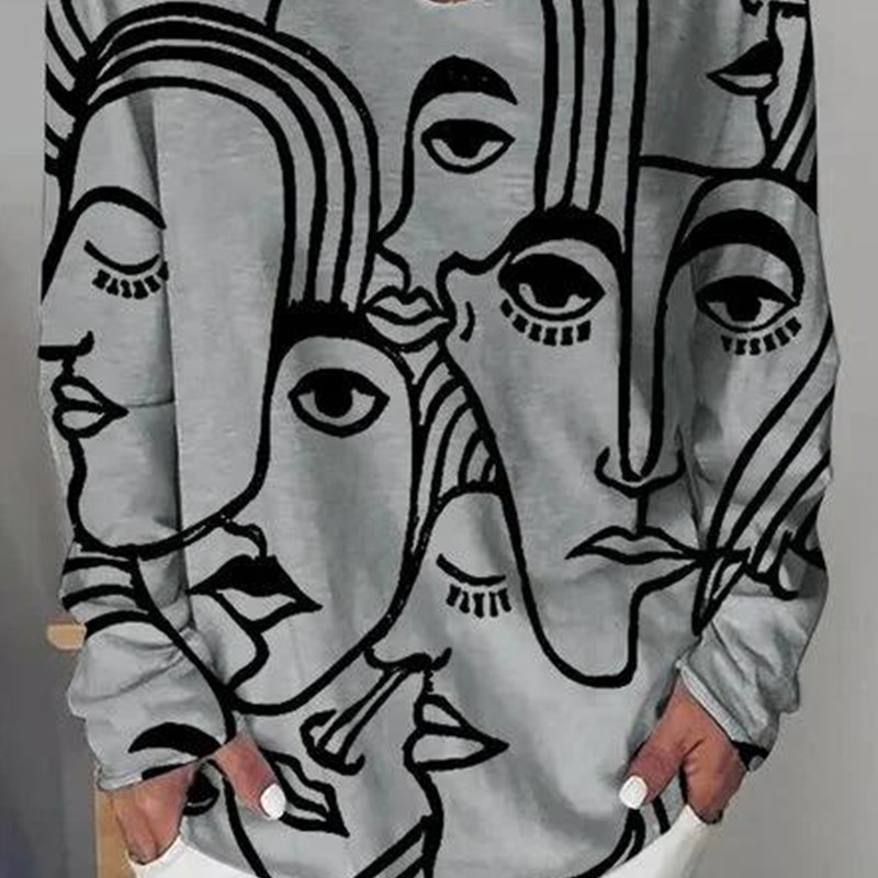 Abstract Print Long Sleeve Loose Plus Size T-shirt