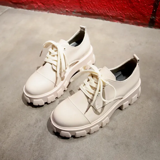 Thick Soled Sponge Cake All Match Retro British Style Small Leather Shoes Beige - Shop at LoveMi
