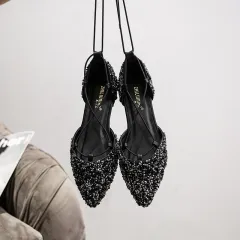 Fashion Cross Strap Rhinestone Single Shoes - Black - View 1