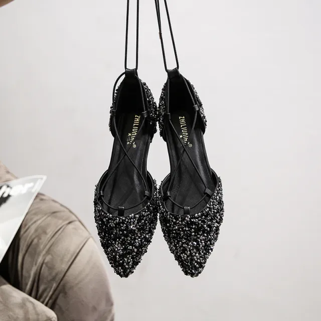 Fashion Cross Strap Rhinestone Single Shoes Black - Shop at LoveMi
