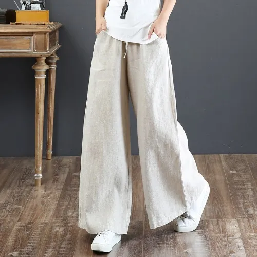 Summer Literary Cotton And Linen Women's Trousers Loose Large Size Wide Leg Pants High Waist Mopping Pants Straight Trousers Linen Pants Apricot - Shop at LoveMi