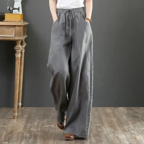 Summer Literary Cotton And Linen Women's Trousers Loose Large Size Wide Leg Pants High Waist Mopping Pants Straight Trousers Linen Pants Grey - Shop at LoveMi